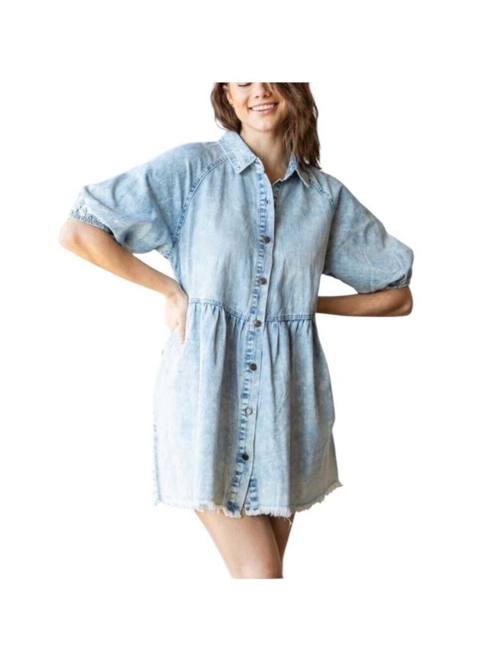 VEVERET Babydoll Peasant Boho Raw Hem Pockets Puff Sleeves Denim Mini Dress L